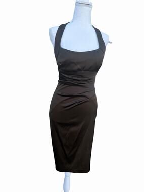 VTG Y2K Cache Brown Satin Halter Ruched Bodycon Cocktail Wiggle Dress Pinup Sz 6